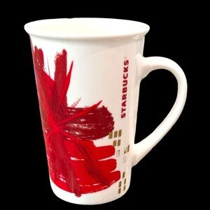 Starbucks 12 Oz Tall Coffee Mug 2014 Christmas Red Starburst Flower w/ Gold